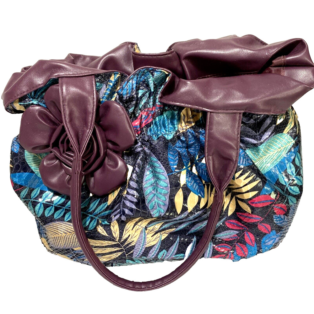 Vintage Bueno Purse Satchel Handbag Wet Look Unique Multi Color Floral Ruffles - Picture 7 of 11